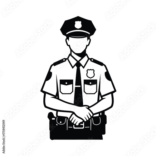 Illustration of a police officer in uniform with hands clasped and a hat on his head