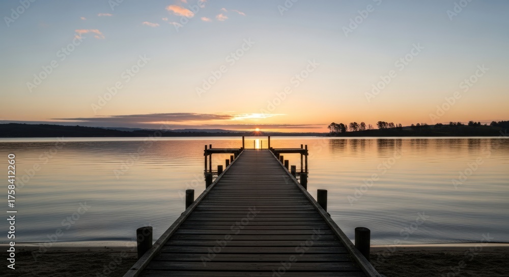 Fototapeta premium Stunning sunset pier walk over tranquil lake perfect for relaxing summer vacation