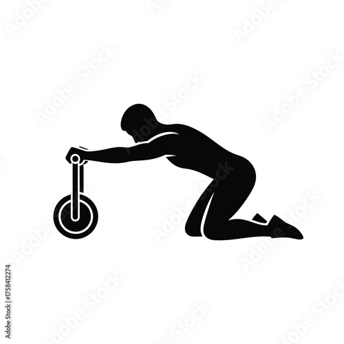 Silhouette of person kneeling and using an ab wheel for core workout on white background