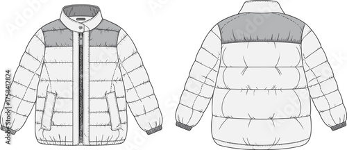 Puffer jacket flat sketch, quilted coat fashion technical drawing, garment design template, apparel vector illustration, clothing construction detail, zipper pockets collar