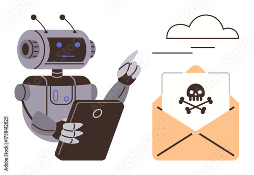 Robot holding tablet analyzing email with threatening symbol under cloud. Ideal for cybersecurity, malware, email protection, AI, technology, online safety, hacking prevention. Simple flat metaphor