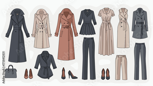 Vector illustration of women's elegant fashion collection. Coats, dresses, pants, shoes, and handbag for business and smart casual wear.