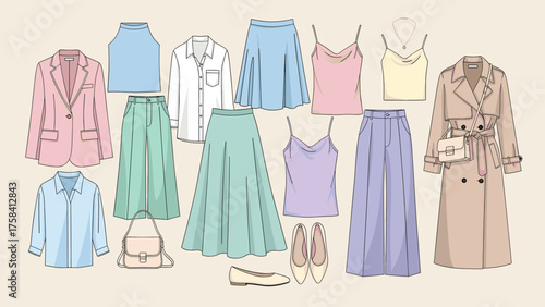 Women's Pastel Clothing Collection. Fashionable Spring-Summer Wardrobe Flat Lay with Accessories.