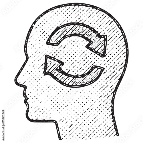 Hand-Drawn Head Refresh Icon for Innovative Thinking