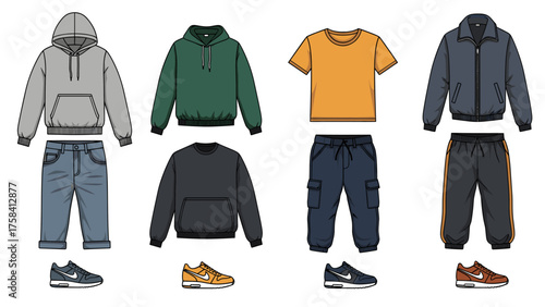 Collection of casual kids' fashion outfits: hoodies, t-shirts, jackets, jeans, cargo pants, and sneakers. Flat technical sketches for apparel design.
