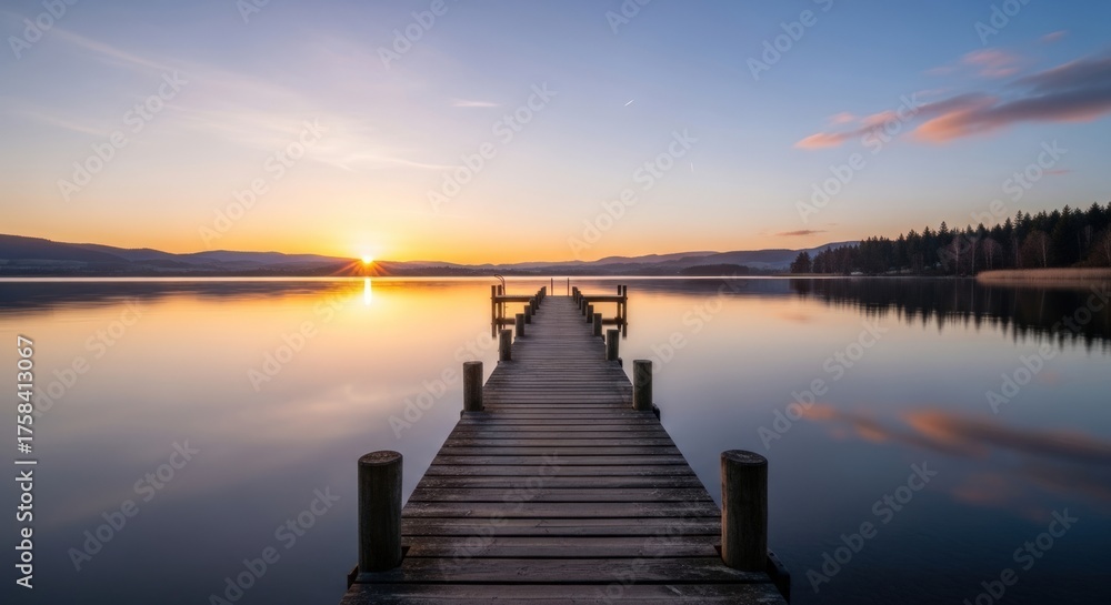 Fototapeta premium Tranquil sunrise over peaceful lake with wooden pier and distant mountains view