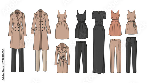 Classic Women's Fashion Collection: Trench Coats, Dresses, and Trousers in Neutral Beige and Black Tones