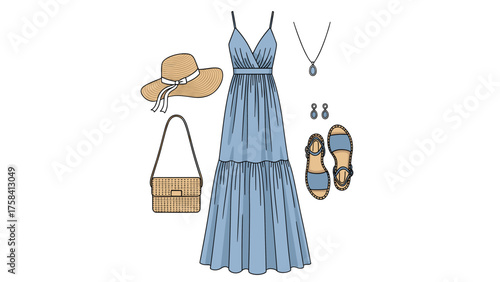 Women's Summer Fashion Outfit Illustration: Blue Maxi Dress, Straw Hat, Sandals, Bag, and Jewelry. Perfect for Vacation or Casual Wear.
