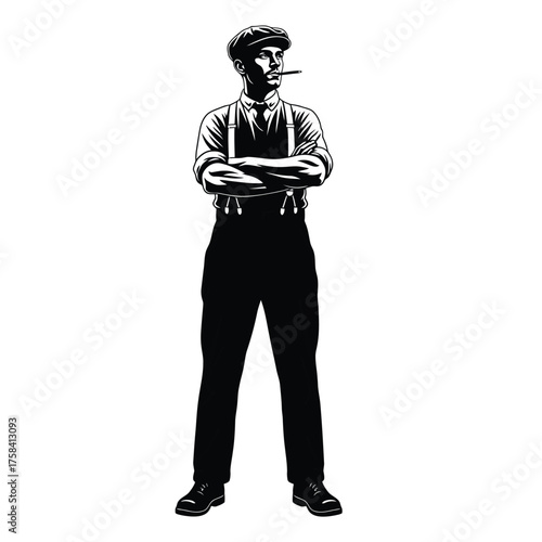 Man in cap and suspenders with arms crossed and cigarette in mouth in black and white style