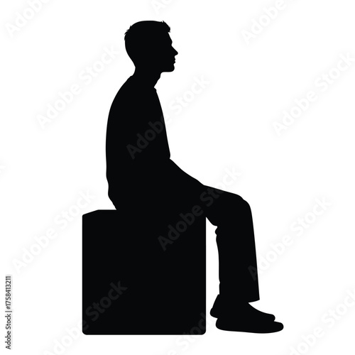 Silhouette of a man sitting on a box with his head in profile against a white background