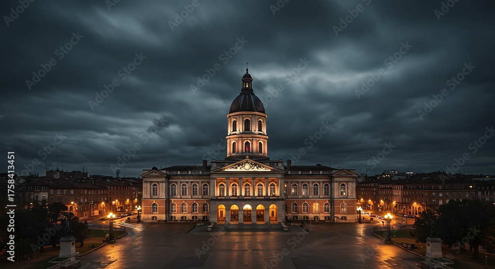 Obraz premium Dramatic nighttime view of an illuminated architectural structure