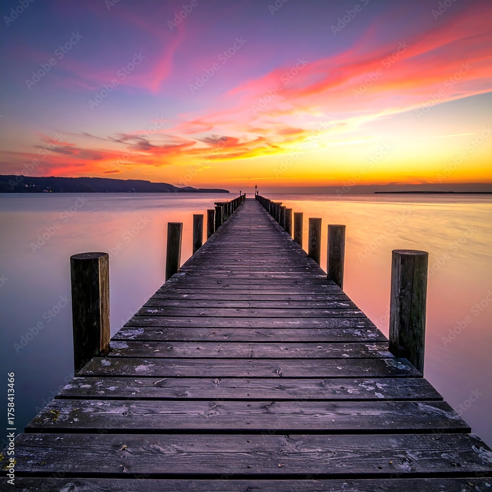 Fototapeta premium Wooden pier stretches toward colorful horizon during a beautiful sunset