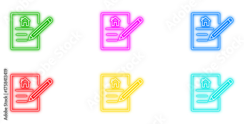 Neon real estate document icon vector set. Bright glowing housing contract, property agreement, and home deed form with a pen outline symbols.