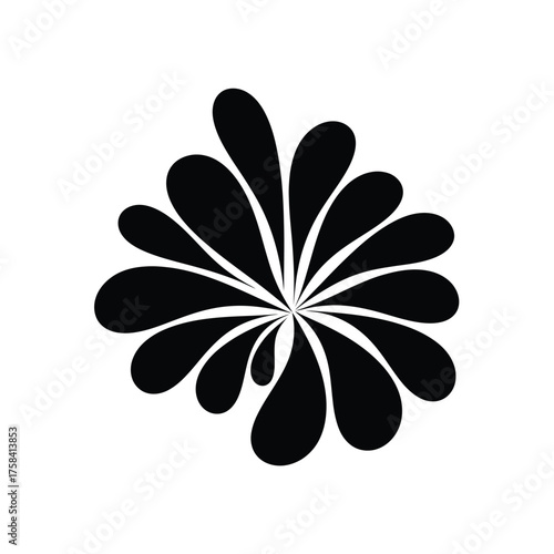 Abstract black and white floral design with teardrop petals radiating from the center