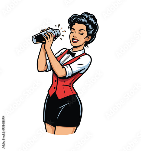 Professional Female Bartender in a Vest and Bow Tie Shaking a Cocktail Mixer