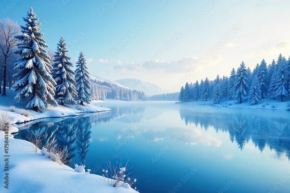 Fototapeta premium Tranquil Winter Landscape Frozen Lake, Snow-Covered Trees, and a Vast Blue Sky. Peaceful Serenity, Perfect for Nature, Winter, and Wallpaper Themes.