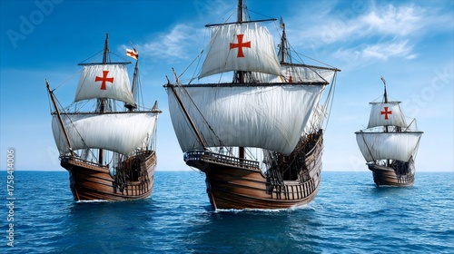 Three caravels sailing ocean discovering new world