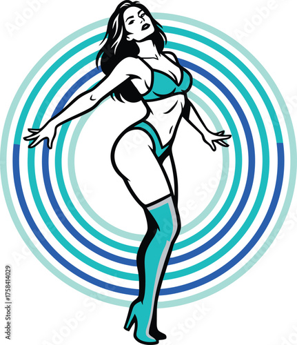 Sexy Pop Art Girl in a Turquoise Bikini and Thigh High Boots Posing on a Concentric Circle Background