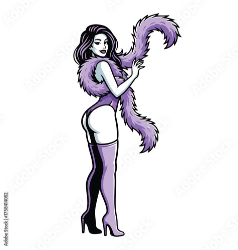 Glamorous Burlesque Showgirl in Purple Bodysuit and Thigh High Boots Posing with a Feather Boa