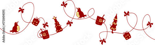 Christmas Garland Illustration with Red Ribbon and Bows