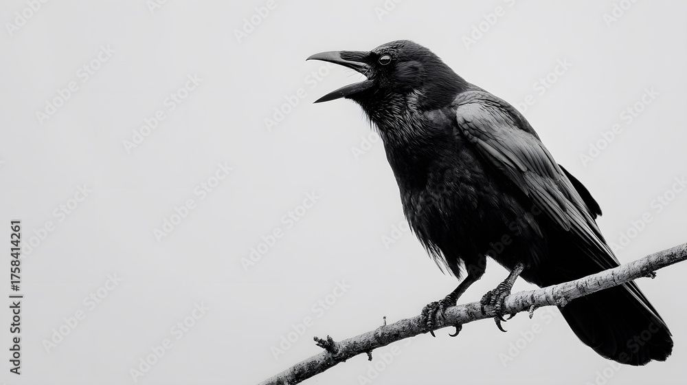 Obraz premium Cawing Crow on a Branch in Monochrome