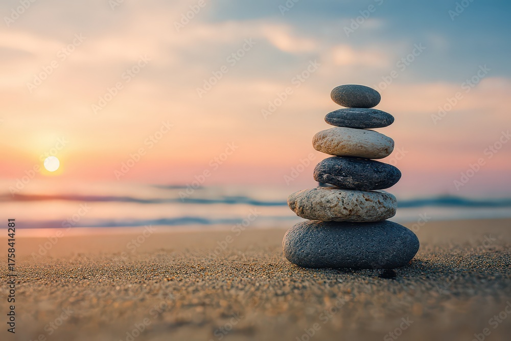 Fototapeta premium Stack of Balanced Stones at Beach Shoreline during Sunrise with Calm Ocean Background