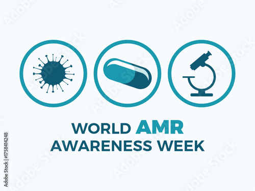 World AMR Awareness Week poster vector illustration. Antimicrobial resistance symbol. Virus, antibiotic pill, microscope icon set vector. Template for background, banner, card. In November every year