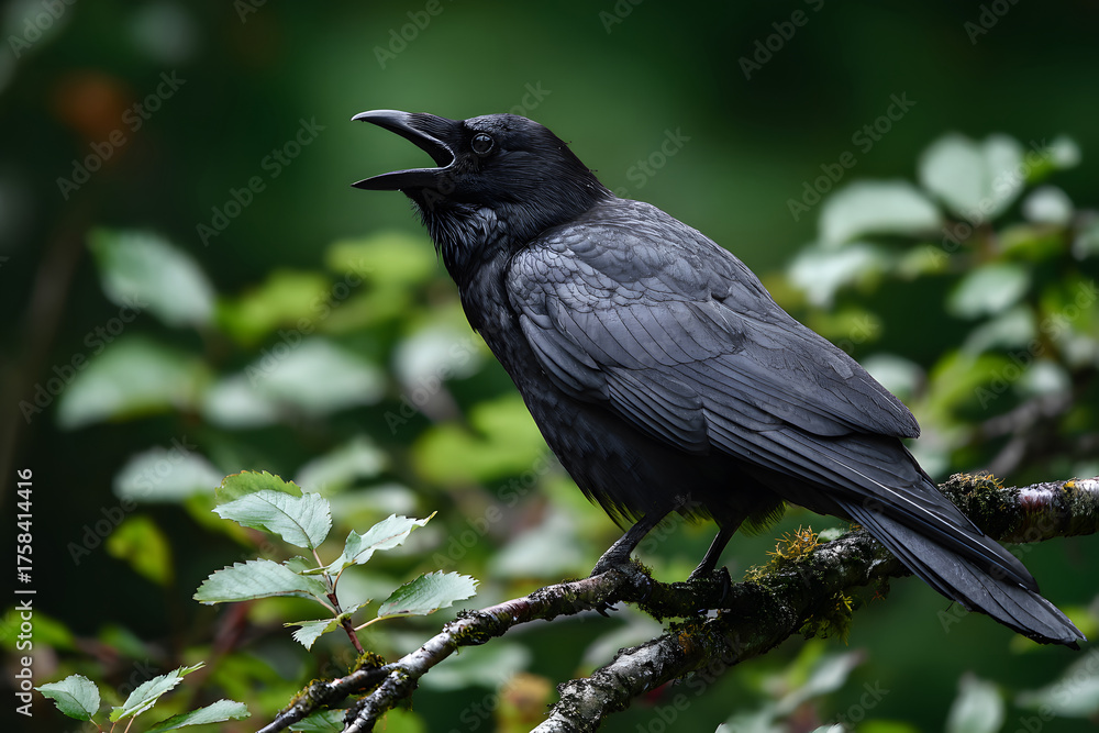 Fototapeta premium Cawing Crow on a Branch