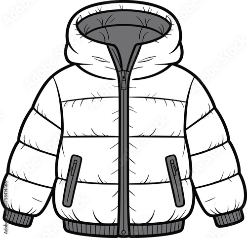 White puffer jacket technical fashion flat sketch, front view with hood, vector CAD drawing, quilted winter coat, apparel design illustration
