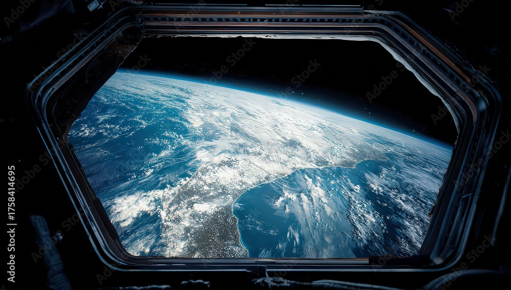 Naklejka premium View of Earth Through Spacecraft Window with Illuminated Cities against Dark Sky and Window Frame