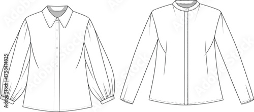 Women blouse designs flat sketch, fashion technical drawing, garment design template, apparel vector illustration, clothing construction detail, puff sleeve round collar