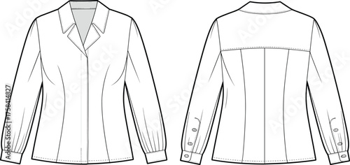Women blouse flat sketch, technical fashion drawing, vector illustration with front and back view, apparel sewing pattern design, cad drawing flat vector illustration