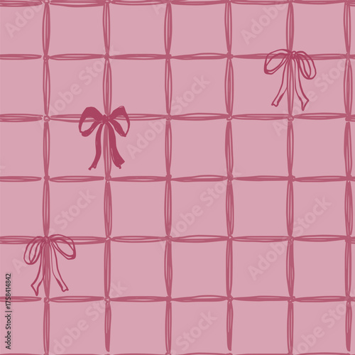 Vector abstract seamless pattern with red checks and bows. Hand painted illustration for design, print, fabric or background.