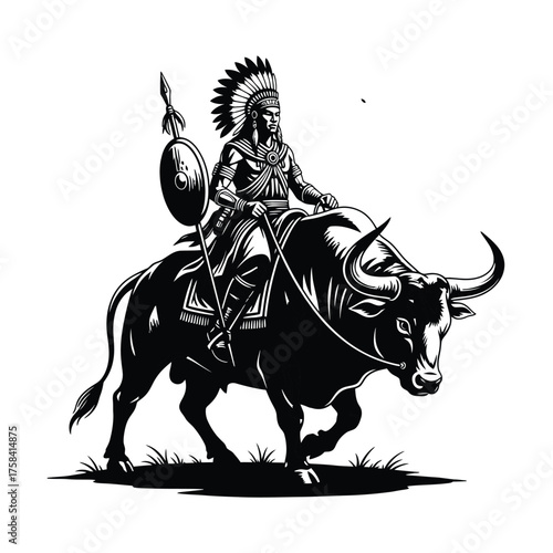 Native american warrior riding a bull with spear and shield in black and white illustration