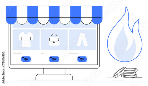 Desktop storefront with product categories, blue shopping carts, digital currency coins, and flame icon. Ideal for e-commerce, retail, technology, digital finance, cryptocurrency sustainability