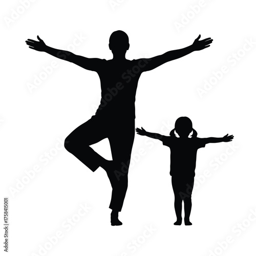 Silhouette of adult and child doing tree pose yoga with arms outstretched on white background
