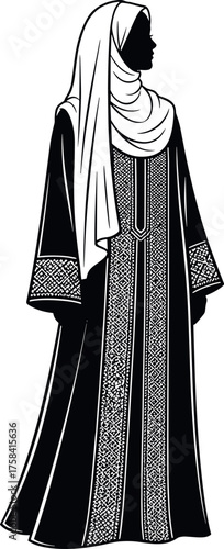 Elegant Palestinian woman in traditional thobe with tatreez embroidery