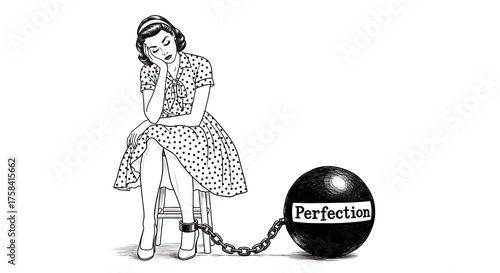 Illustration of woman chained by perfectionism
