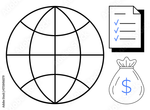Globe illustration with a checklist and a money bag highlighting worldwide business, finance, and trade. Ideal for economy, globalization, planning, investment, growth, strategy and market concepts