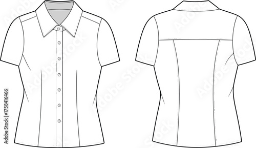 Women’s short sleeve button up shirt flat sketch, fashion CAD drawing, vector illustration, technical garment design, apparel template, clothing pattern