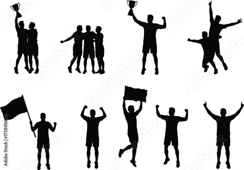 Silhouettes of soccer players celebrating with trophies, flags, and dynamic poses – vector illustration of victory, teamwork, and sportsmanship