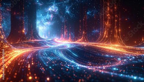 Digital Forest: An immersive digital landscape of illuminated lines and nebulous formations, creating a mesmerizing spectacle of light and energy that evokes wonder.