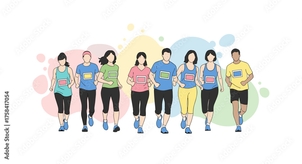Obraz premium A vibrant vector illustration depicts a diverse group of people jogging together, symbolizing fitness, health, and community participation in an active event.