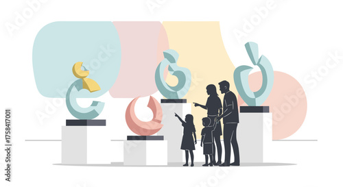 A family enjoys an inspiring visit to a modern art museum, admiring contemporary abstract sculptures displayed in a clean, minimalist exhibition space.