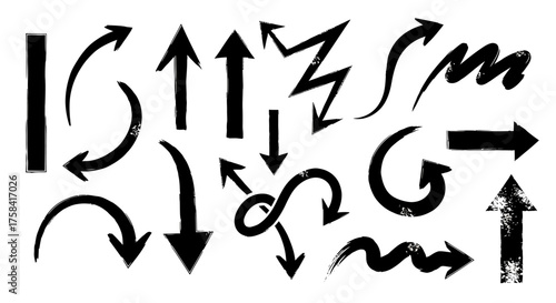 Collection of hand-drawn vector arrows in different styles. Black ink brush painted directional signs isolated on white background