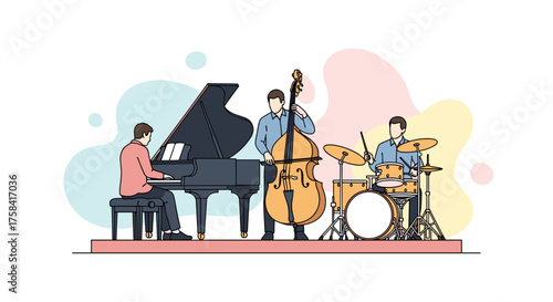 A talented jazz trio delivers a captivating live performance, showcasing a pianist, bassist, and drummer in a modern, flat design illustration.