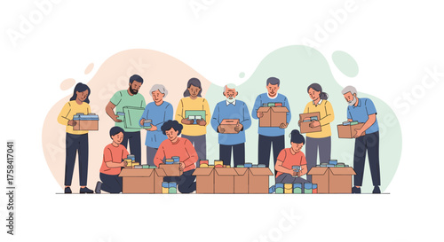 A diverse group of cheerful volunteers collaborates to sort and pack donated food items for community aid and social welfare initiatives.