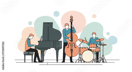 A minimalist illustration of a jazz trio performing live music with piano, double bass, and drums, set against a modern abstract background.