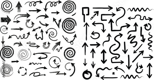 Collection of various hand drawn arrow symbols and directions for design.