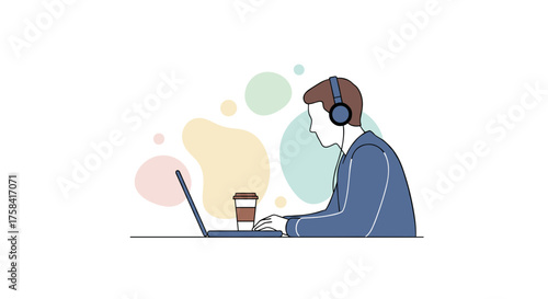 A focused individual wearing headphones works diligently on a laptop, enjoying a coffee in a modern, minimalist digital illustration.